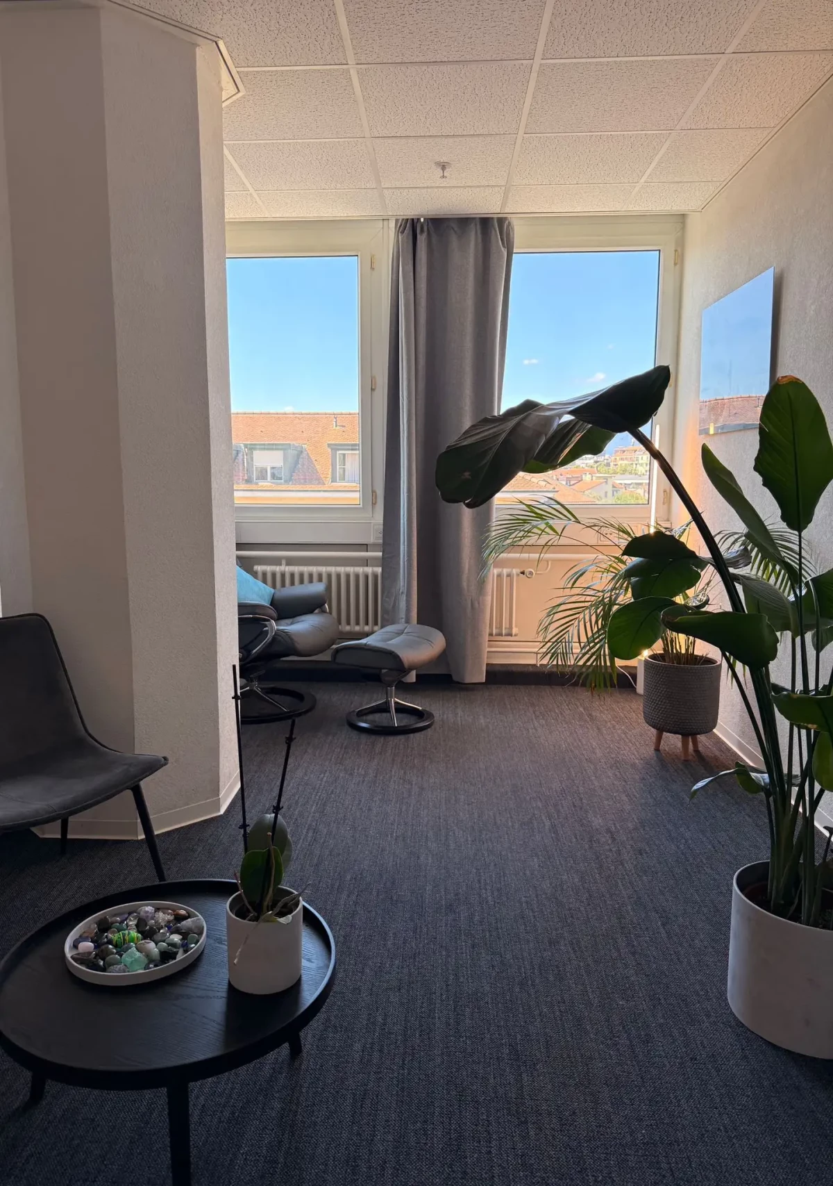 Espace de consultation du cabinet de Genève, avec fauteuil inclinable, plantes et lumière naturelle.